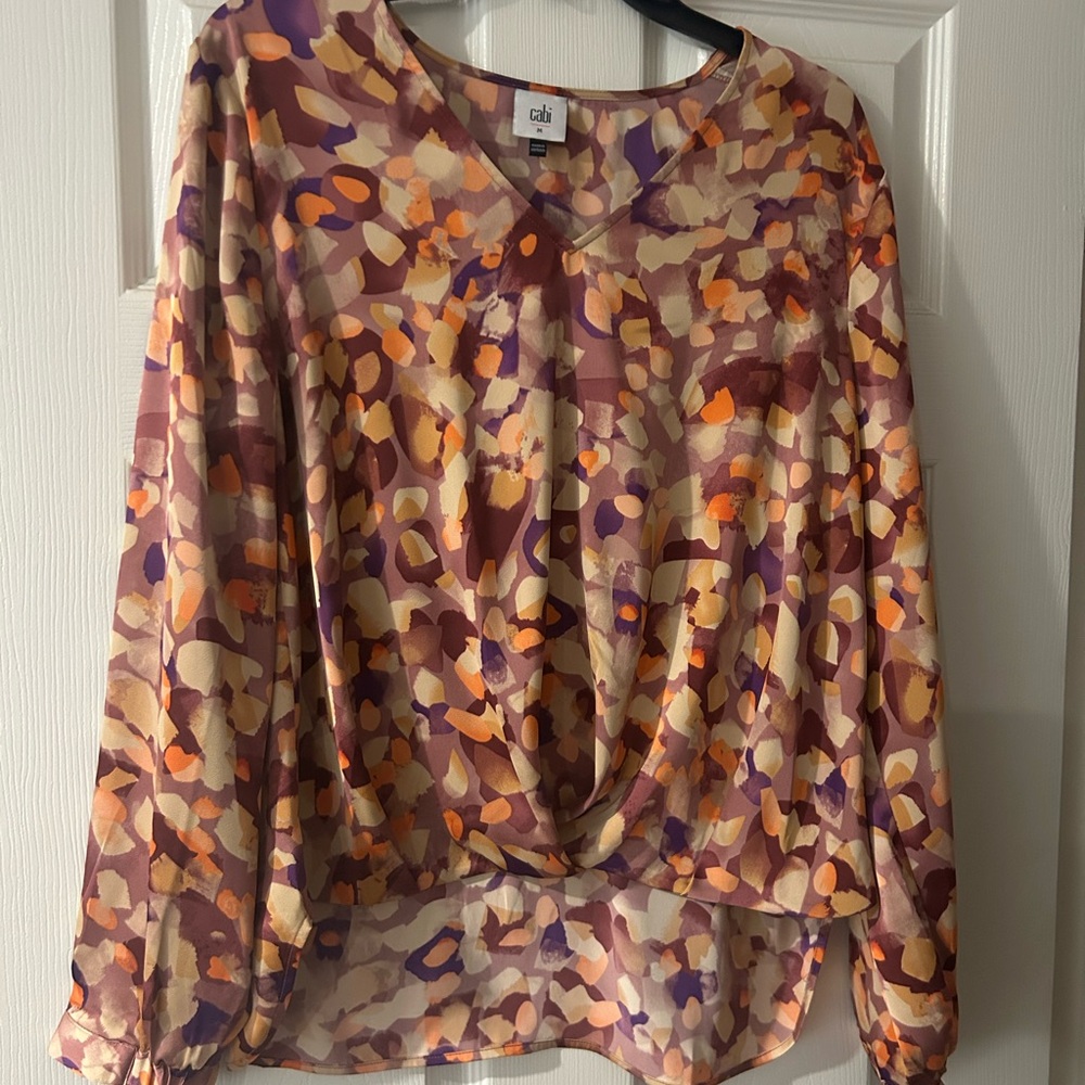 CAbi Abstract Print Twist-Hem Blouse in Cream, Purple & Orange